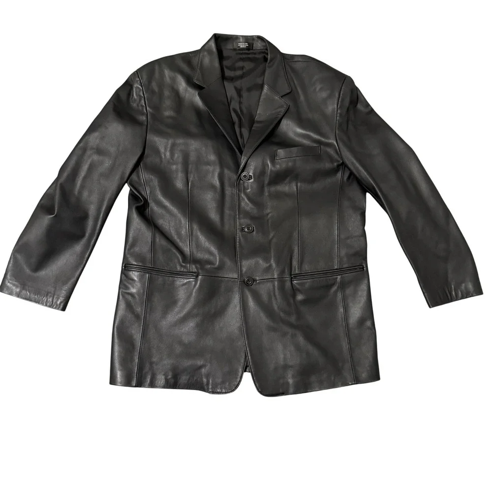 J Ferrar Mens Black Genuine Leather Blazer Jacket 3 Button Lined